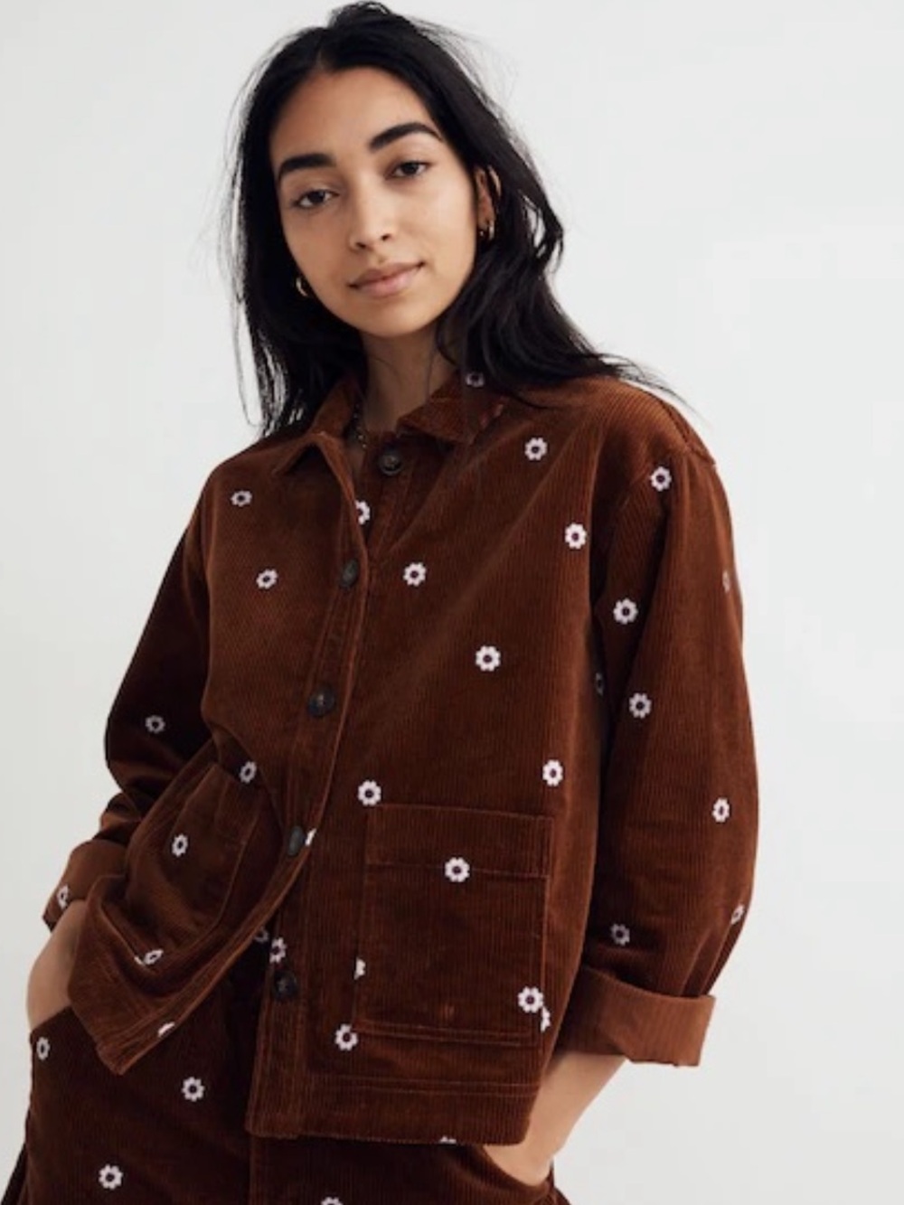 Madewell Floral Embroidered Corduroy Crop Shirt Jacket Shacket Cognac XL $108